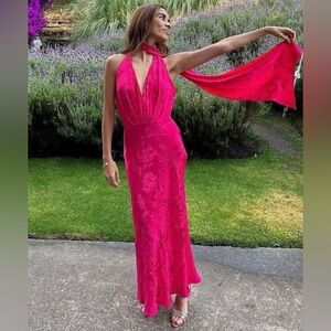 Zara Hot Pink Jacquard Bow Halter Dress (Size Medium)